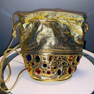 Vintage Gold Leather Bucket Style Handbag w Jewels